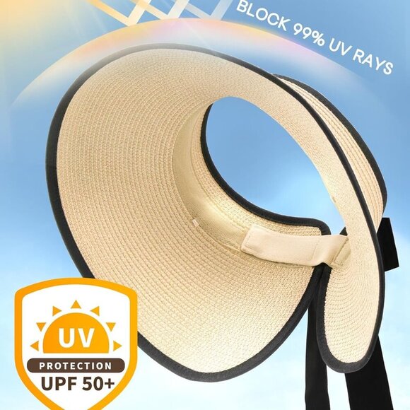 Sun Visor Hat Women Wide Brim Foldable Straw UV Protection Summer Packable - Picture 2 of 9